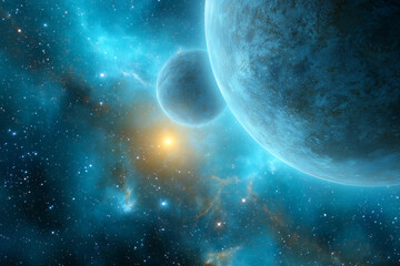 Wall Mural - A blue planet with two other planets in the background