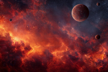 Wall Mural - A red and orange sky with a few planets in the background