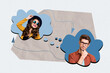 © deagreez - Trendy art creative full zine photo collage of happy girl guy stand bubble communication chat notification dialogue talk