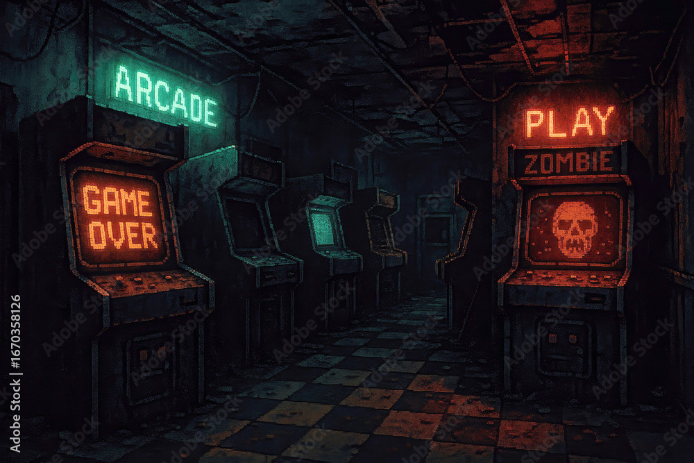 Dark retro arcade with glowing neon signs and vintage game cabinets ...
