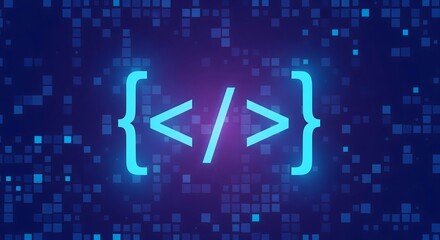 A glowing blue code symbol on a digital pixel background. Represents programming, software development, coding, and web technology.