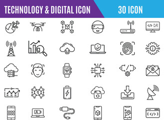 technology line icons collection. Network, computer, programming, data, internet, collection.Technology progress. Big UI icon set in a flat design. 