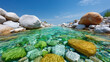 © Eing - Clear river water flows over smooth colorful stones under bright blue sky, creating tranquil and refreshing natural landscape with vibrant reflections and rocky riverbank