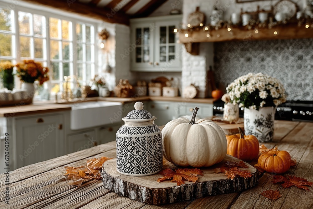 Cozy rustic kitchen interior decorated for fall with orange pumpkins ...