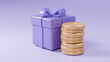 © yang - 골드 동전과 리본 장식이 달린 보라색 선물 상자 모델링
