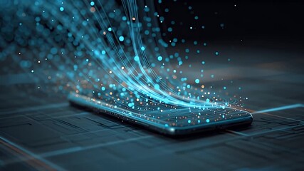 Digital network connection mobile phone AI generated video glow particles light trails. Stunning abstract smartphone AI generated video data stream animation futuristic technology.