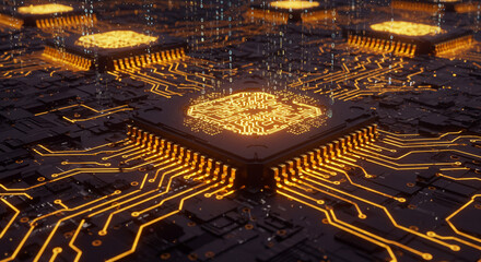 Glowing circuit board with vibrant orange pathways and falling binary code, symbolizing digital innovation and future technology.