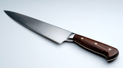 Professional chef knife with sharp steel blade and dark wood handle. This essential kitchen cooking utensil represents precision for any culinary meal preparation