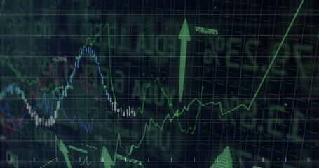 Wall Mural - Displaying data rising on screen, with colored line graphs, candlesticks and ticker text