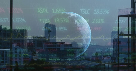 Wall Mural - Hovering planet Earth dominating city skyline at dusk, with floating stock ticker symbols