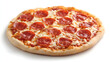© licwit - Artisan handcrafted pizza with perfectly melted fresh mozzarella cheese and evenly distributed pepperoni slices on clean white background, minimalist product photography style with high definition det