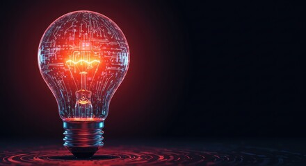 Glowing lightbulb with circuit board design on dark background representing innovation.
