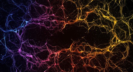 Abstract colorful network of lines against a dark background creating a vibrant pattern.