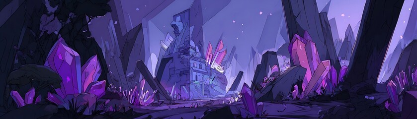 Wall Mural - Crystal cavern landscape with purple crystals.