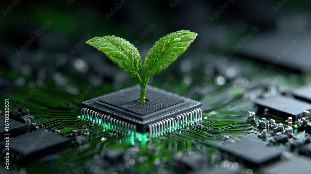 Green plant growing from a computer processor symbolizing technology ...