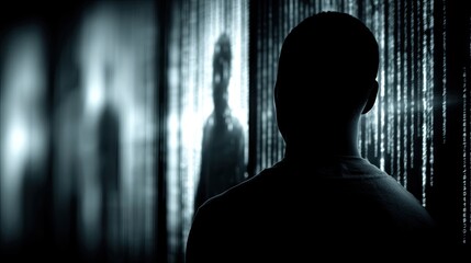 Silhouette of a Person Viewing a Stream of Digital Code