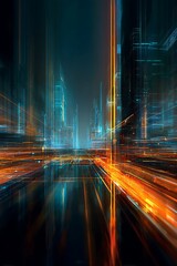 Wall Mural - Futuristic city at night with vibrant light trails.