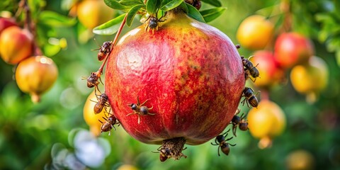 bees swarm on ripe red pomegranate hanging from a tree branch
