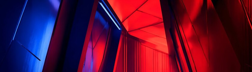 Wall Mural - Vibrant interplay of deep blues and reds in an architectural corridor.
