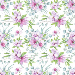  Watercolor seamless pattern of magnolia leaf flowers. The main motifs are large flowers in shades of pink and purple, surrounded by green foliage and small twigs. The repetitive design is suitable for