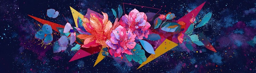 Wall Mural - Colorful floral design with abstract geometric shapes.