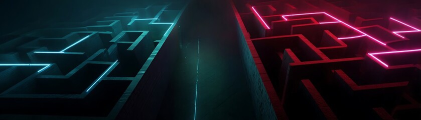 Wall Mural - Neon maze with contrasting glowing lines.