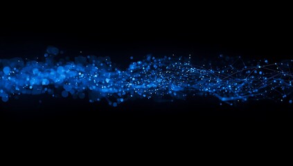 Abstract blue particle stream flowing on black background, showcasing futuristic technology, data connection, and dynamic energy with glowing sparks and light effects