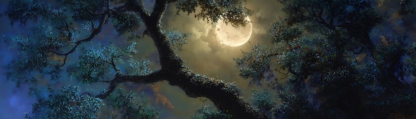 Wall Mural - Full moon shining through the branches of a large tree at night.