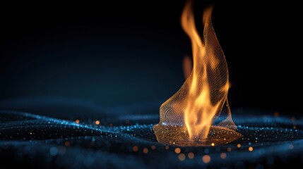 Wall Mural - an abstract image featuring a flame rising from a mesh-like structure, surrounded by glowing particl