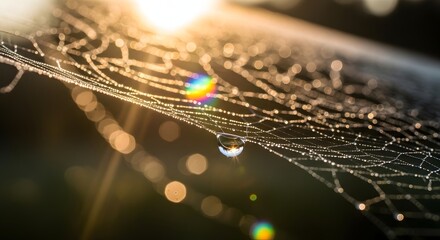 Close-up view of a spiderweb glistening with water droplets, illuminated by sunlight.