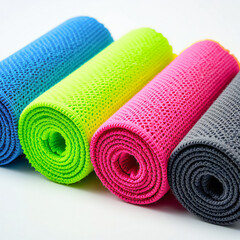 Closeup of vibrant and colorful rolled fabrics with a textured net pattern design