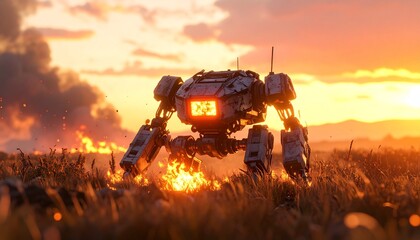 A powerful robot mech walks through a field at sunset with fire