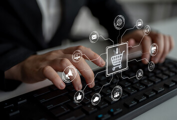Wall Mural - Omni-channel marketing and online shopping strategies, cross-platform customer experience, brand unification, and integrated marketing communication across digital channels. Spline