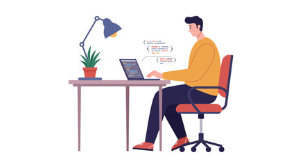 A person working on a laptop at a desk, illuminated by a desk lamp, with a potted plant.