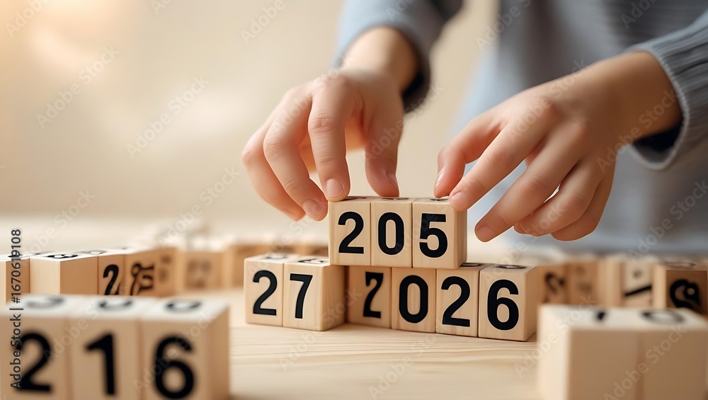 Hands arranging wooden blocks with numbers to form the year 2026 Stock ...