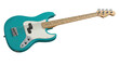 © Sung - Pristine vibrant teal blue electric bass guitar with white pickguard, maple neck, chrome hardware, isolated on transparent background, soft studio light. Concept of musical creativity and excellence.