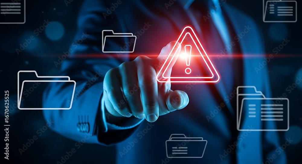 Businessman Points To Digital Warning Icon, Highlighting Data Breach ...