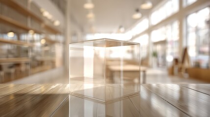 A transparent display box on a wooden table in a modern open space environment.