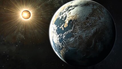 Wall Mural - a cosmic video scene showing earth and the sun from space. the camera angle captures a distant, side
