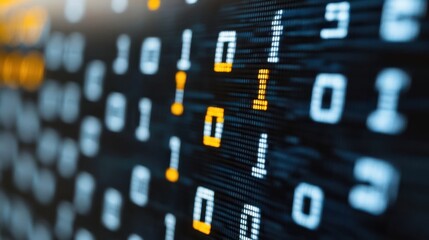 Close-up of digital display showing binary code, data stream, with highlighted digits
