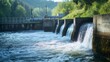 © maxximmm - A dam with water flowing over it. Hydropower is a reliable natural energy source. Ecological floods balance the barrier. A dam with water cascading over lifestyle its surface.