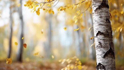 Wall Mural - golden birch leaves catching sunlight, drifting softly through shadowy woodland branches during autu