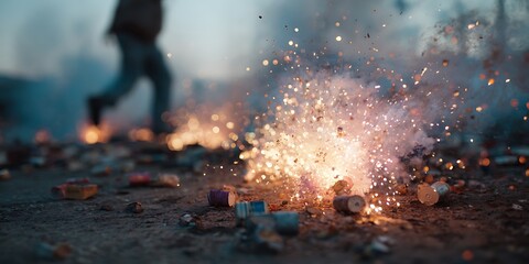 Wall Mural - Fireworks Malfunction: A dramatic close-up captures the chaotic aftermath of a firework exploding prematurely, scattering debris on the ground with a person blurred in the.