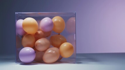 Abstract balloons falling into a transparent box creating a visually captivating moment for