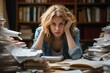 © Pavel Lysenko - A young woman looks distressed while sitting at a cluttered desk filled with papers and books in a library. The chaotic environment reflects her overwhelming study load