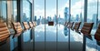 © VideoFlow - Modern corporate boardroom with leather chairs and panoramic city skyline view under blue sky, depicting business leadership and success concept. Ai generative