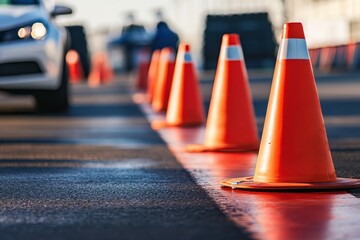 Orange traffic cones line a wet road with cars in the background