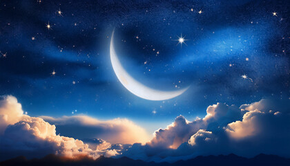 Wall Mural - luminous crescent moon illuminating clouds in a starry night sky