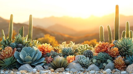 Stunning succulent and cactus garden displayed with beautiful sunlight and mountain background photo