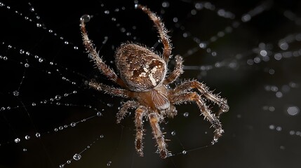 Close-up of a spider with intricate patterns and delicate dew-kissed threads.